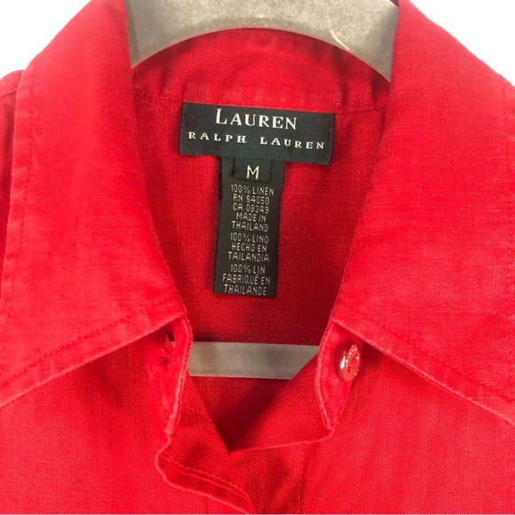 Ralph Lauren Women’s Blouse Top Button Down Red Linen Insignia Cuffed Sleeve - Picture 9 of 9